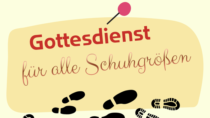 Plakat mit den Terminen und Orten der Gottesdienste für alle Schuhgrößen im Jahr 2026, verziert mit verspielten Fußabdrücken.