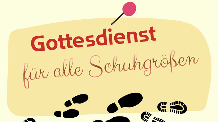 Plakat mit den Terminen und Orten der Gottesdienste für alle Schuhgrößen im Jahr 2026, verziert mit verspielten Fußabdrücken.