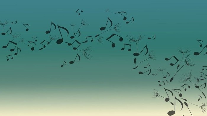 Abstrakte Musiknoten, die wie Samen in einem ruhigen, verlaufenden Himmelshintergrund schweben.