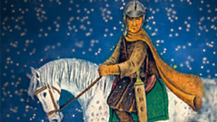 Ein Ritter auf einem weißen Pferd reitet vor einem blauen Hintergrund mit Sternen, während eine kniende Gestalt darunter sitzt