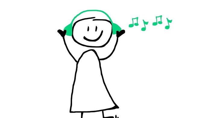 Ein fröhliches Kind mit Kopfhörern, das glücklich singt, umgeben von Musiknoten.