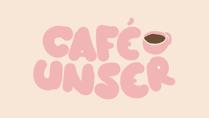 Verspieltes pinkes Logo für Café Unser mit einem in den Text integrierten Kaffeetassen-Symbol.