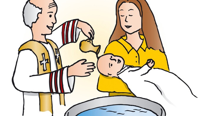 Ein Priester tauft ein Baby in einem Becken, während die Mutter zuschaut