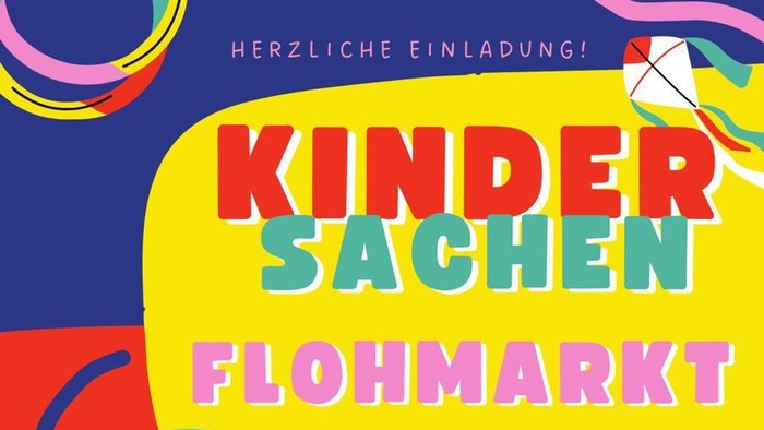 Plakat zum Kindersachen‑Flohmarkt am 21. März 2026 in der CVJM‑Halle Neureut mit buntem Design und Infos zu Anmeldung und Standgebühren.