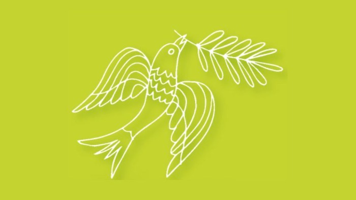 Zeichnung einer Taube mit Zweig im Schnabel auf hellgrünem Hintergrund