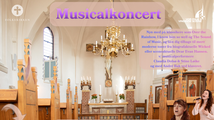 Plakat til kirkekoncert, der annoncerer en musikalsk begivenhed med klassisk og moderne musik den 30. maj kl. 15.00.
