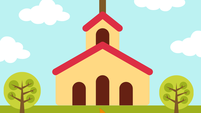 Illustreret plakat til en børnekirkearrangement med et bål og en kirkegrafik, mærket