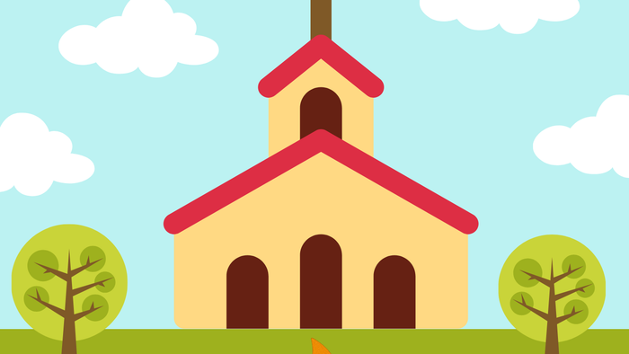 Illustreret plakat til en børnekirkearrangement med et bål og en kirkegrafik, mærket 