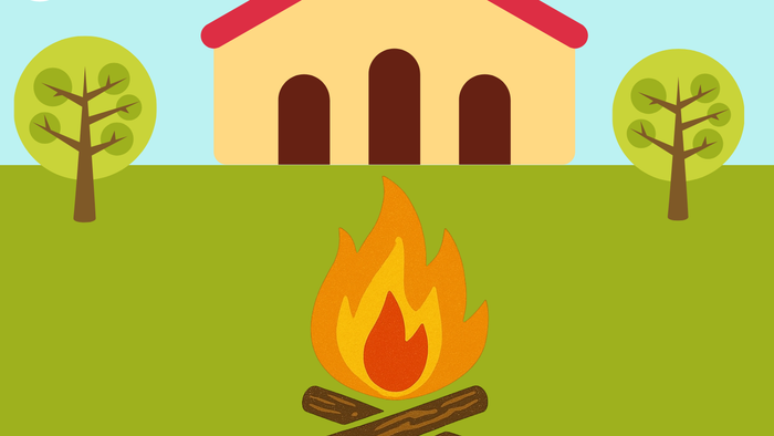 Illustreret plakat til en børnekirkearrangement med et bål og en kirkegrafik, mærket