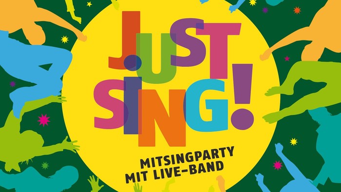 Bunter Mitsingparty-Musikerkreis mit Live-Band und farbenfrohen Silhouetten