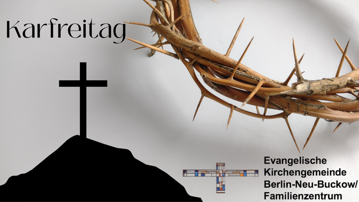 Die Silhouette eines Kreuzes auf einem Berggipfel ist vor gräulichem Hintergrund zu sehen. In der rechten oberen Ecke sieht man einen Ausschnitt eines Dornenkranzes.