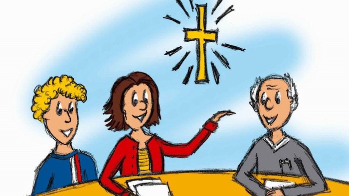 Drei Personen stehen im Wasser, eine zeigt auf ein leuchtendes Kreuz über ihnen und hält Bücher.