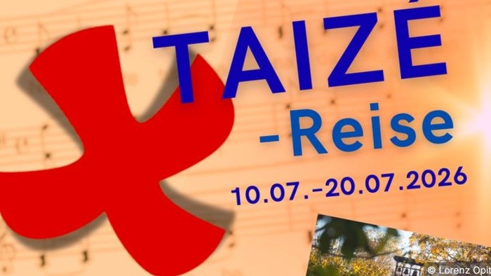 Plakat zur Werbung für Taizé-Pilgerfahrten vom 10. bis 20. Juli 2026.