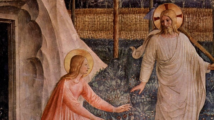 Et middelalderligt freskomaleri, der forestiller Jesus, som rækker hånden ud mod en ung kvinde i en rolig udendørsscene.