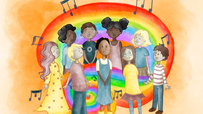 Børn danser og synger i en farverig kreds