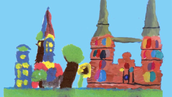 Bunte, verspielt gezeichnete Burg und Häuser mit hellen, abstrakten Bäumen und Himmel.