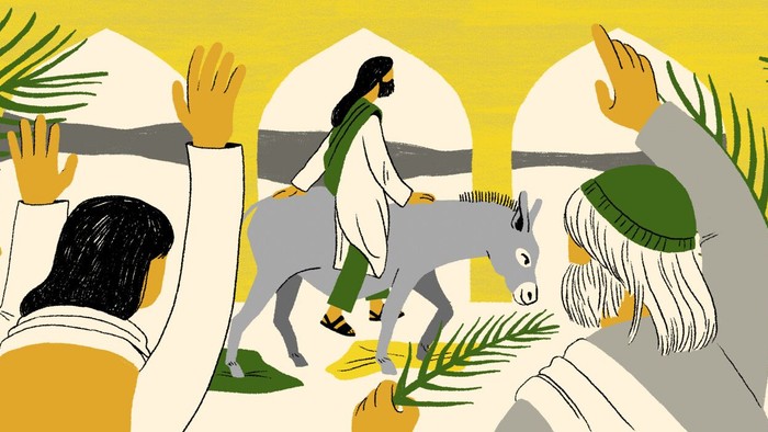 Illustrasjon af en procesion med en mand på en hest, omgivet af palmeblade og folk som bærer palmeblade.