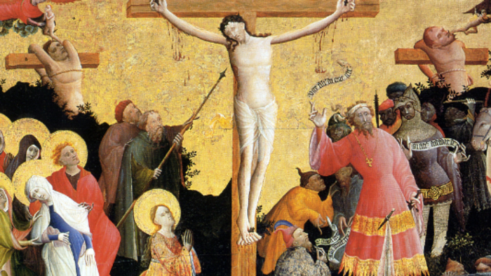 Religiøs kunst, der afbilder korsfæstelsen af Jesus Kristus med omgivende figurer.