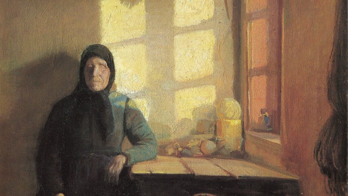 En kvinde i traditionelt tøj sidder ved et vindue og betragter eftertænksomt et bord med frugt.