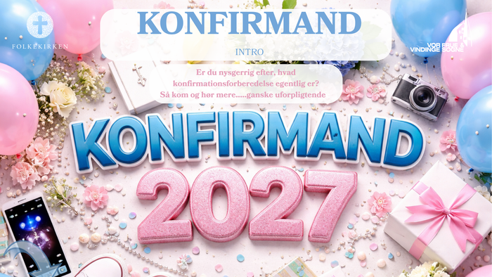 En festlig plakat, der annoncerer en konfirmationsfejring i 2027 med dekorationer, datoer og kirkeoplysninger.