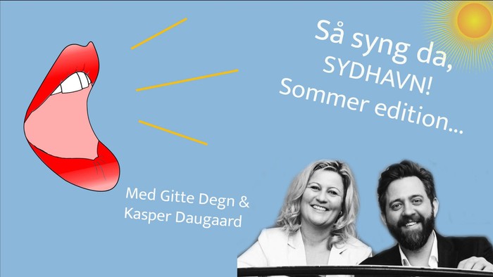 Et par smiler til kamera, mens en munn og sol er vist på blå baggrund