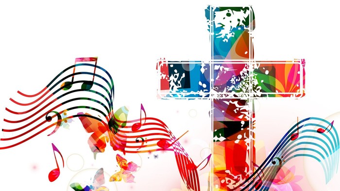 Buntes Kreuz mit Noten und Blumen auf weißem Hintergrund