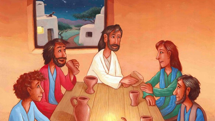 Das Bild zeigt eine Gruppe von Menschen beim Essen mit Jesus.