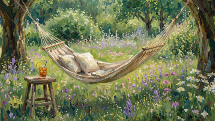 Impressionistisch gemalte Hängematte zwischen zwei Bäumen in einem üppig grünen, blühenden Garten; darin liegen Kissen und ein Buch, daneben steht ein kleiner Hocker mit einem Glas Eistee – eine ruhige, sommerliche Szene voller Licht und Farben.
