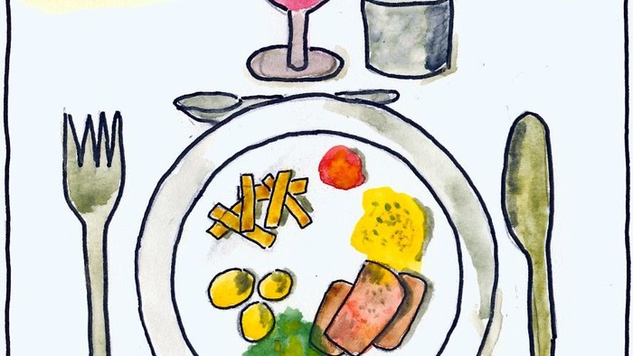 En tegning af et madret med kød, pommes frites, grønne bønner, og drikkevarer