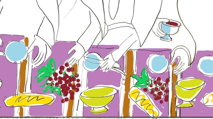 Illustrasjon af mad og drikkevarer, der serveres på bord.