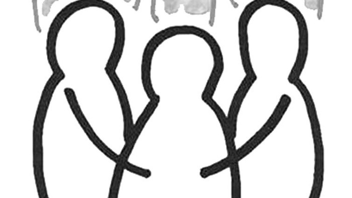 Illustration, der symboliserer fællesskabets støtte med silhuetter og sætningen *