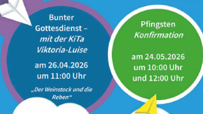 Einladungsplakat für bunte Gottesdienste mit Potluck-Abendessen für Familien an zwei kommenden Terminen.