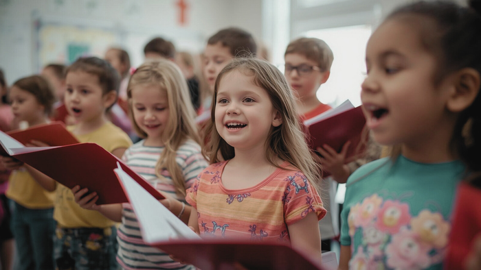 Fröhliche Kinder, die gemeinsam singen und dabei rote Liederbücher in einem Klassenzimmer halten.