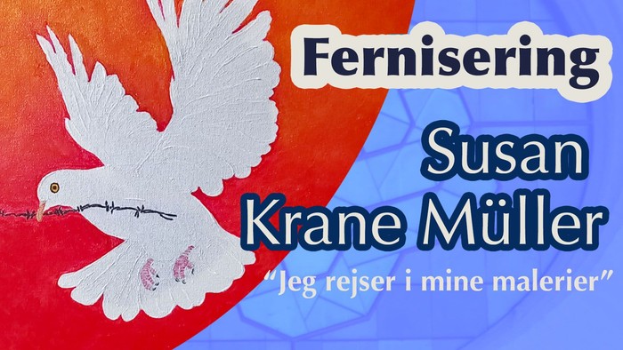 Kunstplakat med en malet due omviklet af pigtråd og tekst, der promoverer Susan Krane Müllers udstilling.