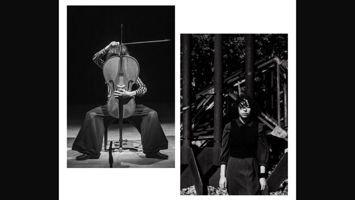 Ein Musiker spielt im Freien Cello, während ein anderer in Schwarz-Weiß nah an rustikalen Metallbarrieren bereitsteht.