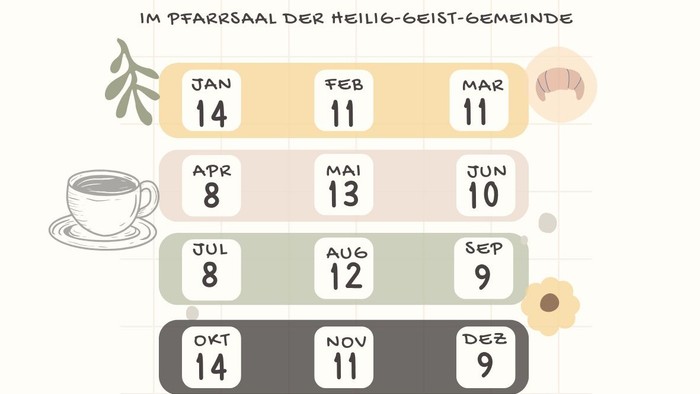 Gemeinschafts-Frühstücksveranstaltungstermine jeden zweiten Mittwoch im Jahr 2026 im Pfarrsaal Riederwald.