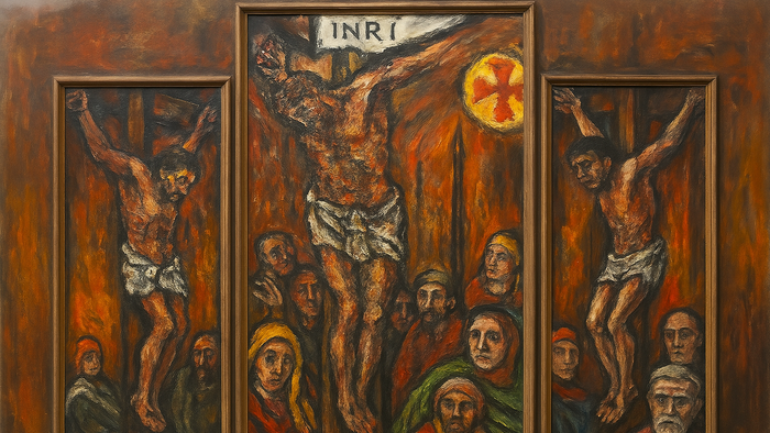 Drei Tafeln, düster, brauner Ton, Darstellung von Jesus am Kreuz, zwei Männer am Kreuz rechts und links von ihm, viele Menschen unter ihnen