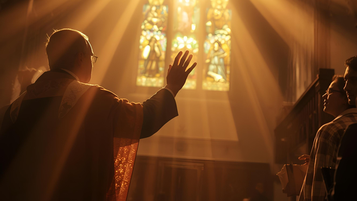 Ein Pastor erhebt die Hand über die stehenden Kirchenmitglieder in der Kirche.
