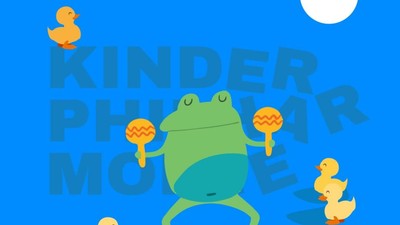 Ein buntes Plakat zur Bewerbung von Kinderfilmveranstaltungen für Kinder von 0–18 Monaten in Kreuzberg, mit einem Frosch und Enten.
