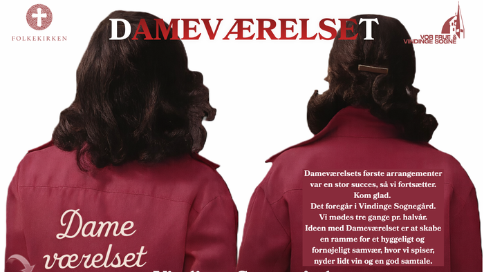 Reklameplakat for Dameværselset-arrangementet på Vindinge Sognegaard med røde forklæder og detaljer om social sammenkomst.