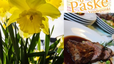 Lyse gule påskeliljer parret med et festligt påskemåltid med stegt kød og sæsonens grøntsager.