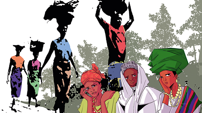 Illustration von fünf Frauen in farbenfroher traditioneller Kleidung. Drei Frauen im Vordergrund blicken ernst und nachdenklich, eine stützt den Kopf mit der Hand. Im Hintergrund tragen weitere Frauen große Lasten auf dem Kopf. Die Szene symbolisiert schw