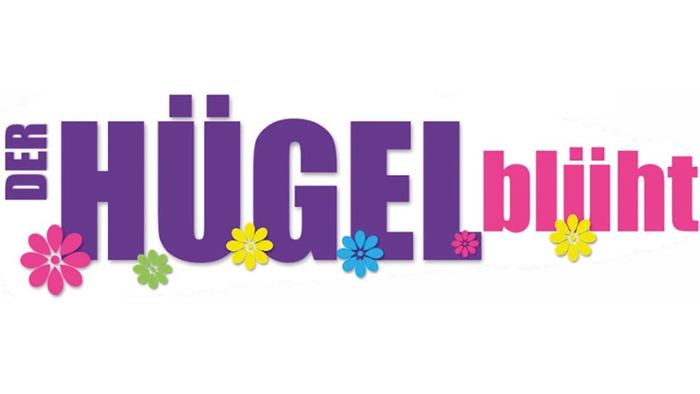 Buntes Logo mit der Aufschrift „DER HÜGEL blijft“ und blühenden Blumen unter dem Text.