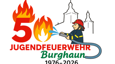 „50 Jahre Jugendfeuerwehr Burghaun – gefeiert mit einem Motiv aus Feuerwehrmann und Flammen.“