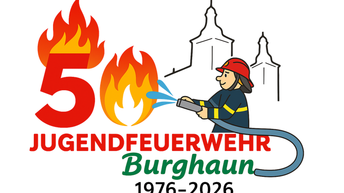 „50 Jahre Jugendfeuerwehr Burghaun – gefeiert mit einem Motiv aus Feuerwehrmann und Flammen.“