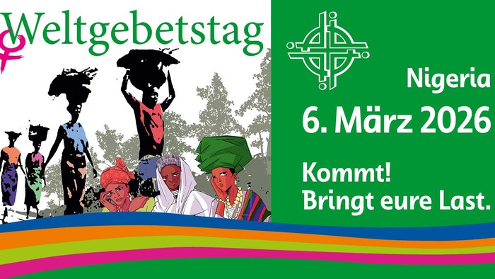 Weltgebetstag-Plakat für Nigeria am 6. März 2026 – zur Teilnahme ermutigen und Lasten tragen.