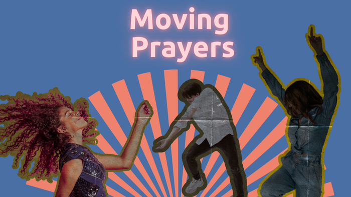 Bunte Grafik zur Bewerbung von „Moving Prayers“ mit dynamischen Silhouetten von Menschen in ausdrucksstarken, erhebenden Posen.