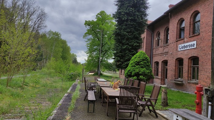 auf einem ehemaligen Bahnsteig stehen Tische und Stühle, eine Katze läuft ins Bild, im Hintergrund sieht man den Bahnhof, ein Backsteingebäude mit dem Schriftzug 
