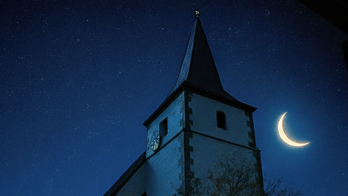 Kirche am Florenberg mit geschnitzten Kürbissen im Vordergrund