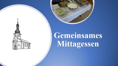 Das Bild zeigt eine Kirche und ein Tischgedeck mit Speisen